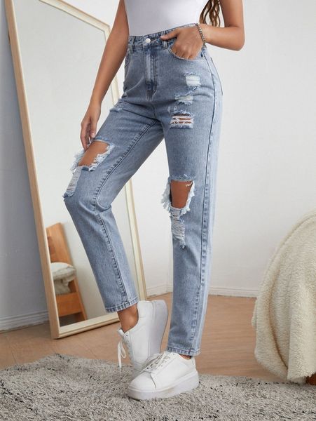 

high waist ripped mom jeans z6ud#, Blue