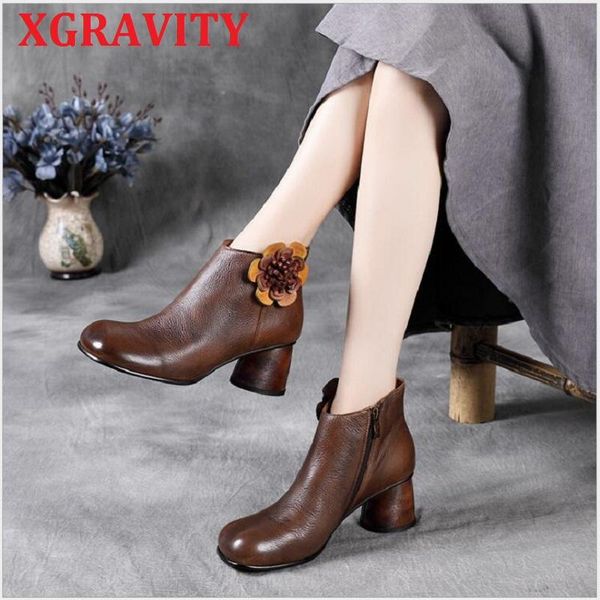

boots xgravity round heel high fashion genuine leather ladies casual toe flower zipper footwear s087, Black