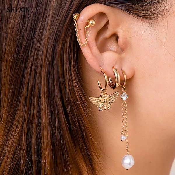 

hoop & huggie shixin 4pcs angel/chain/pearl pendants small earrings for women korean fashion cute circle sets jewelry 2021 gifts, Golden;silver
