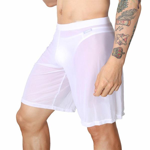 Cuecas boxer shorts homens roupa interior sexy malha sleep bottoms pijama longo gay sissy transparente calcinha bonito u bolsa white213s