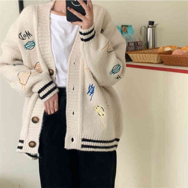 

women's jackets female embroidered sweater graffiti, v-neck loose casual formal winter style 40lu, Black;brown
