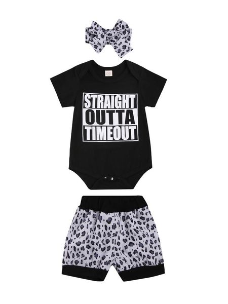 

baby girl summer clothes set short sleeve letter print romper + leopard shorts headband outfits clothing sets, White