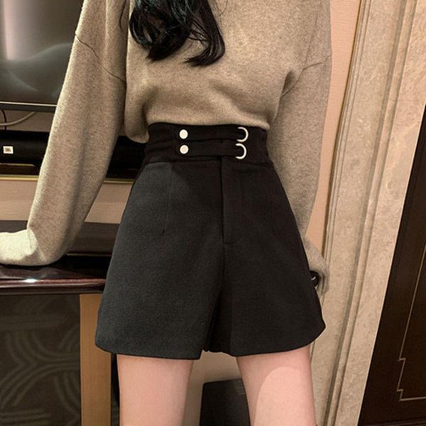 

women's shorts autumn winter woman solid color female high elastic waist thick wide leg ladies casual pocket style a16, White;black
