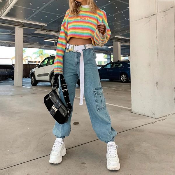 

2011pocket patchwork high waist jeans loose straight tube mopping thin wide leg tooling pants women tide 100% cotton, Blue