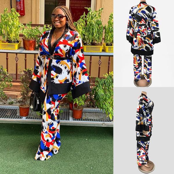 

ethnic clothing l-2xl women's suit and pants two-piece 2021 fashion watercolor casual loose large size african vestidos, Red