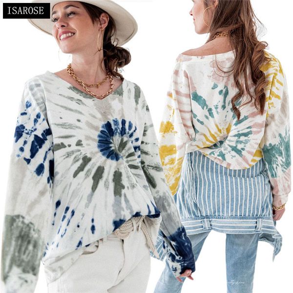 ISAROSE Lady Basic Pullover Ethnic Spiral Tie-Dye Print Langarm Casual Hoodie Herbst V-Ausschnitt Mix Farben Lose Sweatshirt 210422
