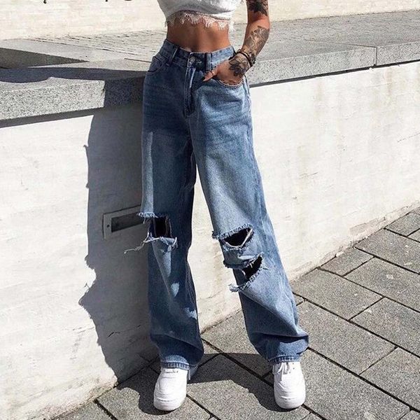 

autumn winter baggy leg wide breeches streetwear high-waistline style hip-hop jeans ripped women's pants, Blue