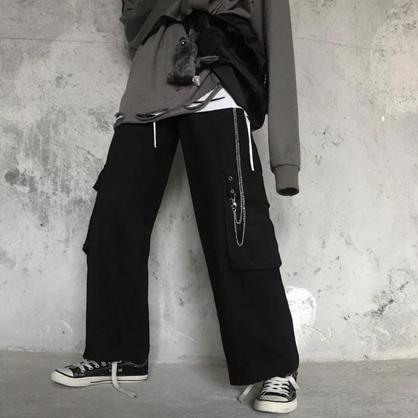 

men's pants harajuku black cargo men women punk streetwear fashion casual goth techwear spring autumn vintage chain plus size trousers