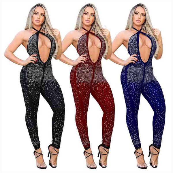 

glitter rhinestones elegant bodycon jumpsuits for women halter neck open back skinny bodysuit fashion hollow out party overalls, Black;white