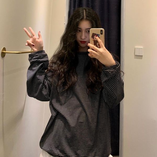 

women's t-shirt loose striped long-sleeved female korean harajuku t-shirts japanese kawaii ladies ulzzang clothes for women, White