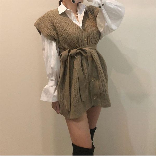 

women's vests hzirip casual fresh plus sashes chic 2021 korea vintage sleeveless loose all match vest knitted cardigans coats, Black;white