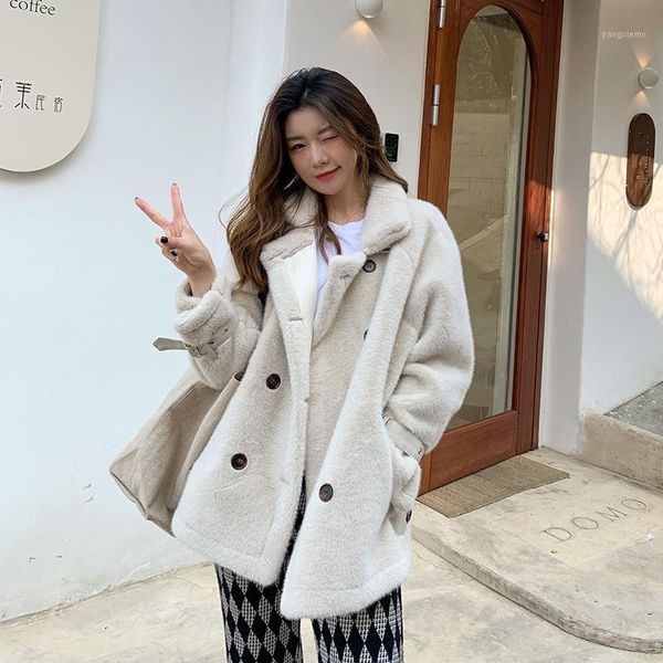 

women's fur & faux women autumn winter loose casual thick coat female warm soft fake mink jacket pocket wild teddy plush overcoat k128, Black