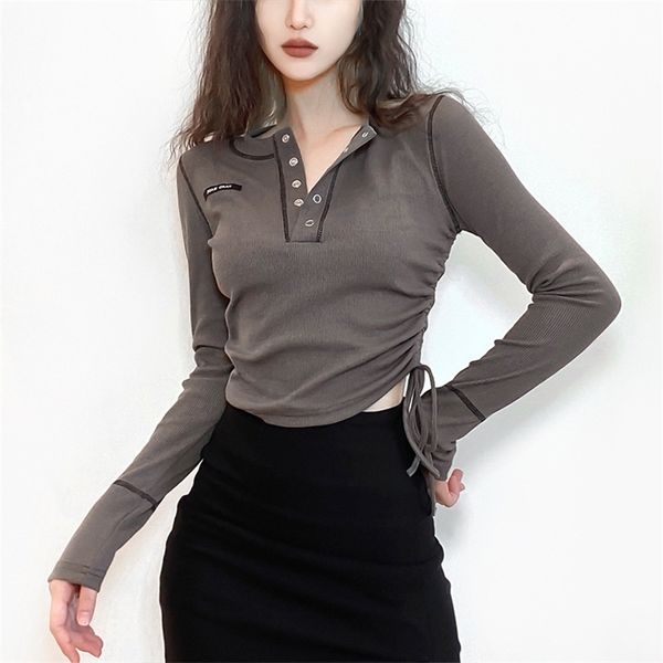 

kayotuas women t-shirt long sleeve slim fit casual o-neck short drawstring button up fashion chic basic ladies streetwear 210522, White