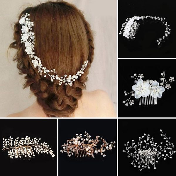 

hair clips & barrettes bride wedding clip handmade flowers beads pearl decoration ladies hairs accessories fashion korean women comb jewelry, Golden;silver