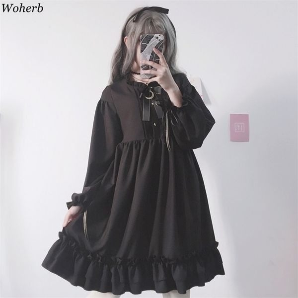 Woherb Japonês Gótico Verão Chiffon Dres Vintage Bow Bandage Bluster Preto Lolita Vestidos Vestidos Robe Femme 21664 210623