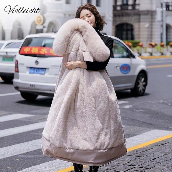 

vielleicht 2021 fashion long winter coat women clothing wool liner hooded parkas slim with fur collar warm jacket women1, Black