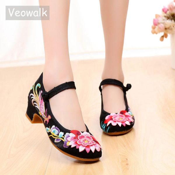 

dress shoes veowalk high end embroidered women soft cotton fabric low block heel round toe retro ladies comfort pumps zapatos mujer, Black