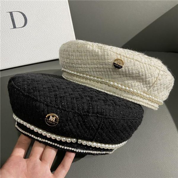 

berets british temperament celebrity pearl diamond  label beret female autumn winter fashion net red sweet age reducing artist hat tre, Blue;gray