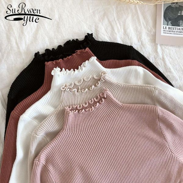 

women's sweaters high elastic solid knitted pullovers 2021 fall winter fashion slim sweater women turtleneck ruched 6785 50, White;black