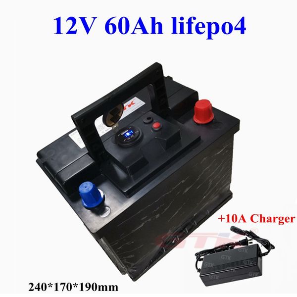 12 V 60 Ah Lifepo4-Akkupack Inverter Boost Tragbare Batterie für Auto E-Bike Motorrad UPS Blei-Säure-Batterie + 10 A Ladegerät