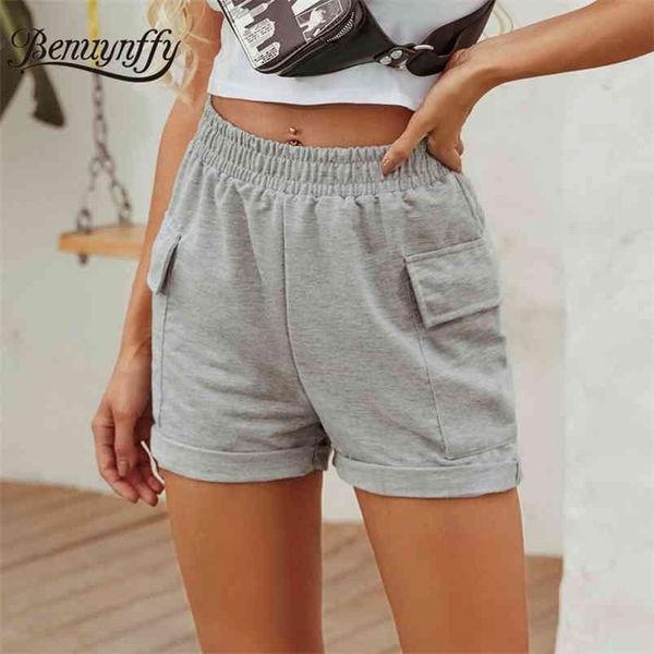 

gray pockets matching crimping shorts women summer elastic high waist ladies casual home street wear 210510, White;black