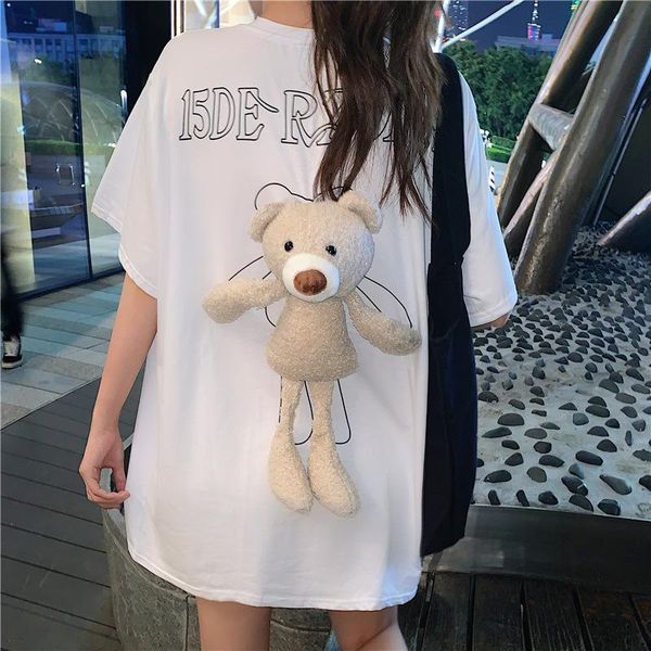 

women's t-shirt needbo long t shirt women casual cute funny shirts oversize streetwear removable bears short sleeves tee summer, White