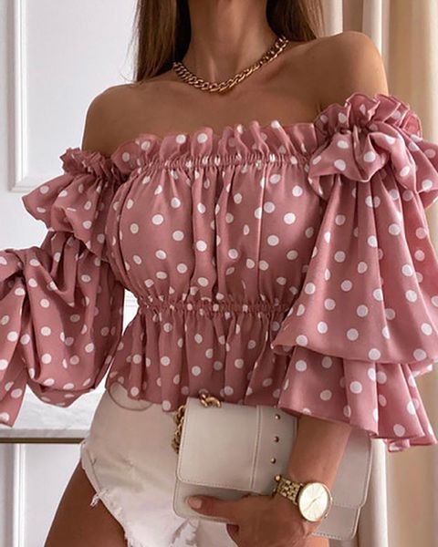 

women's blouses & shirts elegant long puff sleeve corset blouse polka dot print off shoulder shirred lady t-shirts, White