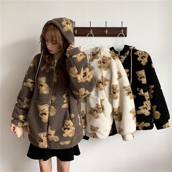 Giacche da donna Giacca invernale in lana di agnello Streetwear Cerniera da donna con cappotti tascabili Casual Cartoon Bear Print Cappotto autunnale allentato 2021