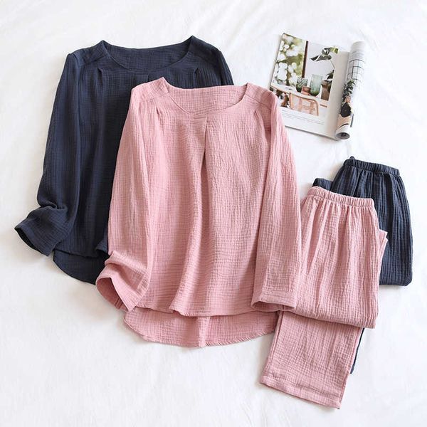 

japanese simple spring and autumn ladies pajamas two-piece long-sleeved trousers 100% cotton crepe round neck home service set 211007, Black;red