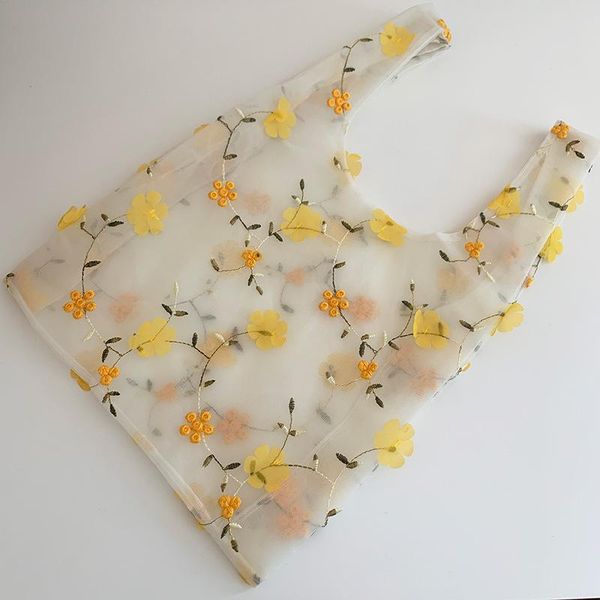 

storage bags embroidered flower bag floral fairy small 2 layer translucent tulle net pocket handbag shopping eco