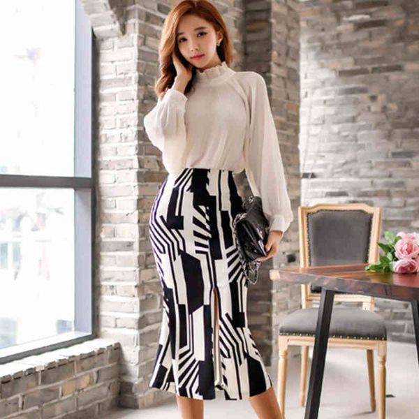 

Comfortable arrival cool formal female temperamental white shirt assemblies print fine skirt elegant sets, Black