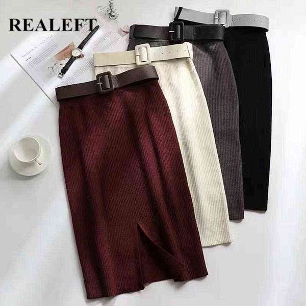 

realeft autumn winter women's elegant knitting sheath midi skirts with belted high waist wrap skirt back split pencil skirt 211120, Black