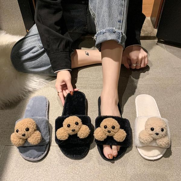 

shoes ladies' slippers slipers women flock luxury slides fur flip flops 2021 girl designer soft flat plush massage rome basic wi, Black