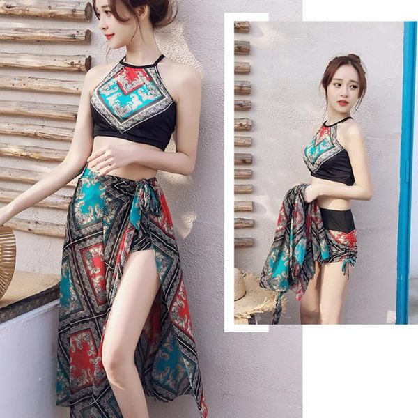 

women's swimwear bikini women 3pcs tankini bikinis sets cross back halter high waist shorts coverup swimsuit wrap set layered, White;black