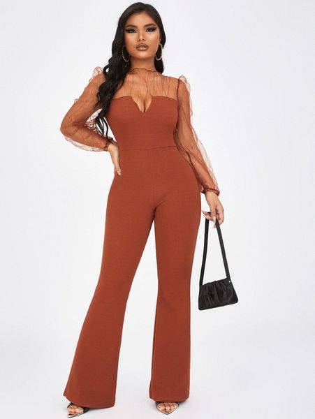 

mesh panel flare leg jumpsuit x04f#, White