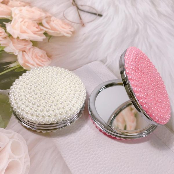 

mirrors mini hand mirror double-sided pearl white pink round folding vanity portable pu leather pocket kawaii makeup small1