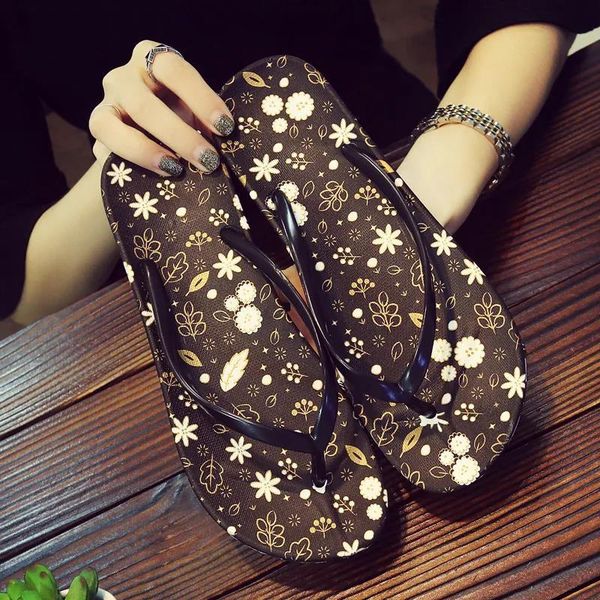 

slippers korean style printed flower flip flops for women simple home non-slip beach student sandal non slip outside slides, Black