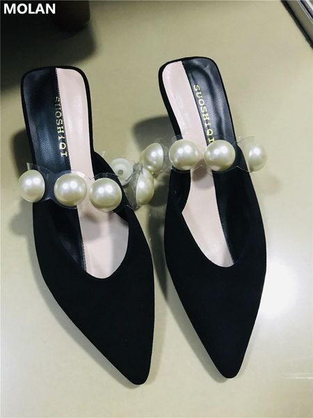 

dress shoes molan brand designers 2021 luxury elegant big pearl shallow pointed toe kitten heels velvet lady pumps mules flip flops, Black