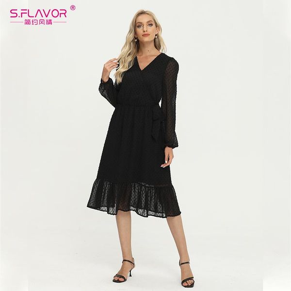 

casual dresses s.flavor women black nightclub vestidos chiffon v-neck long sleeve midi dress femmale autumn a-line beach, Black;gray