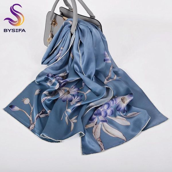 

scarves [bysifa] elegant ink blue silk scarf shawl women luxury 100% pure long chinese style floral fall winter, Blue;gray