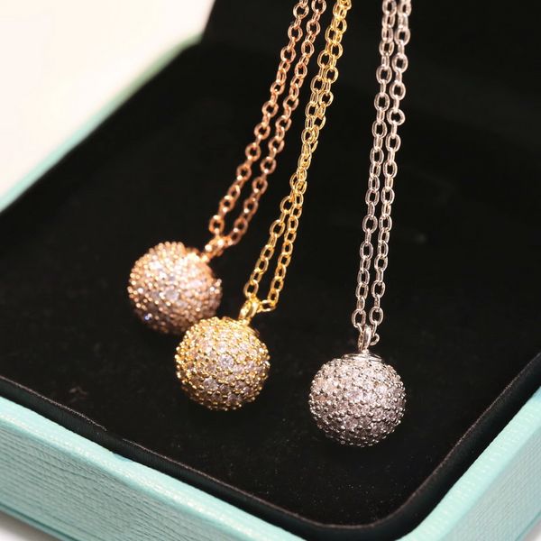 

europe america fashion style lady women t letter 18k gold chain necklace with full diamond round ball pendant 3 color, Silver