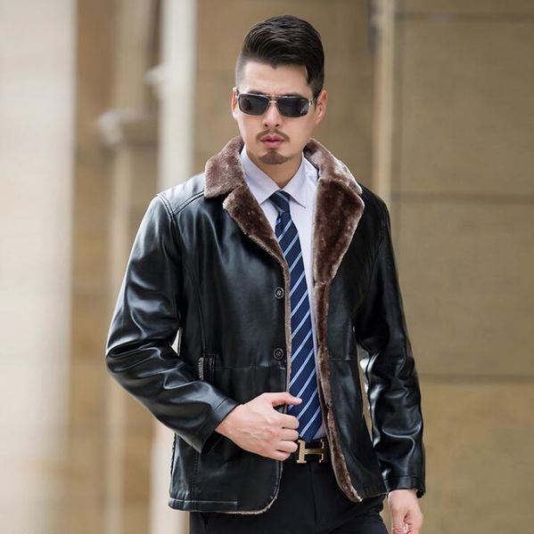 

men's fur & faux winter thicken warm leather jacket men clothing jaqueta de couro masculino mens single-breasted coats outerwear black