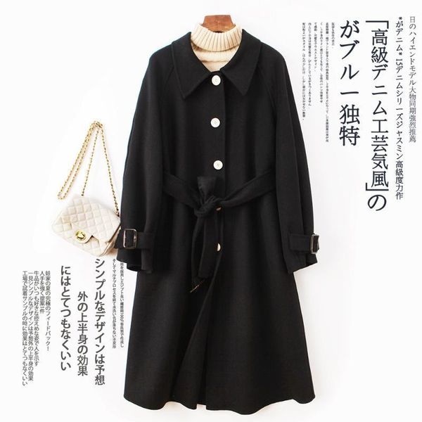 

women's wool & blends qiu dong long loose cloth coat whom little double-sided waist cashmere lapels, Black
