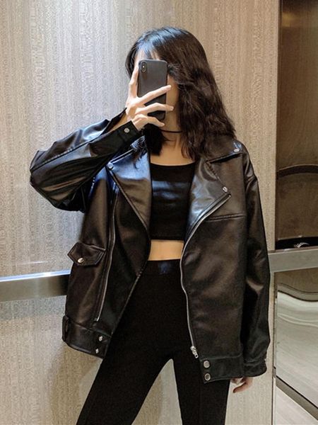 

women's leather & faux women jacket biker black coat turn down collar pu motorcycle jackets loose streetwear outerwear