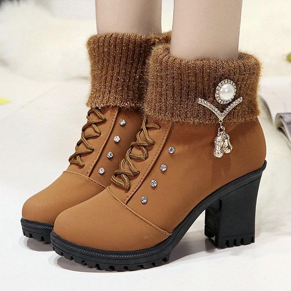 

boots size 35-40 2021 elegant ankle women spring winter pearl & metal shoes woman high heels female classics dress boot, Black