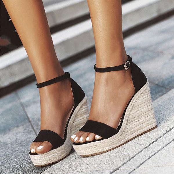 

platform sandals wedges shoes for women office work ankle strap ladies high heels plus size black pink
