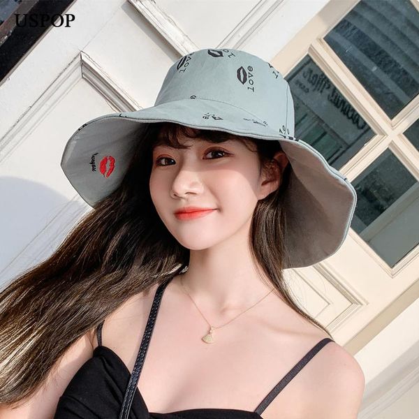 

women bucket hats flat lip embroidery female wide brim cotton sun casual summer, Blue;gray