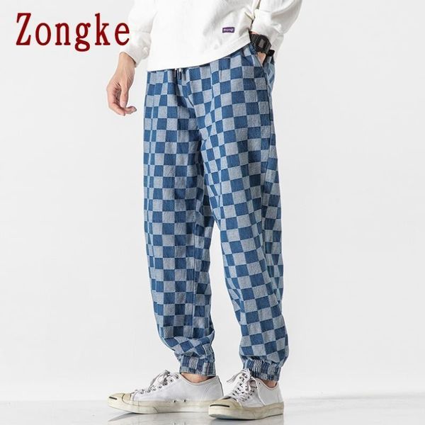 

zongke plaid mens denim pants hip hop harem pants men clothing mens trousers jogger harajuku sweatpants 2021 new m-5xl, Black