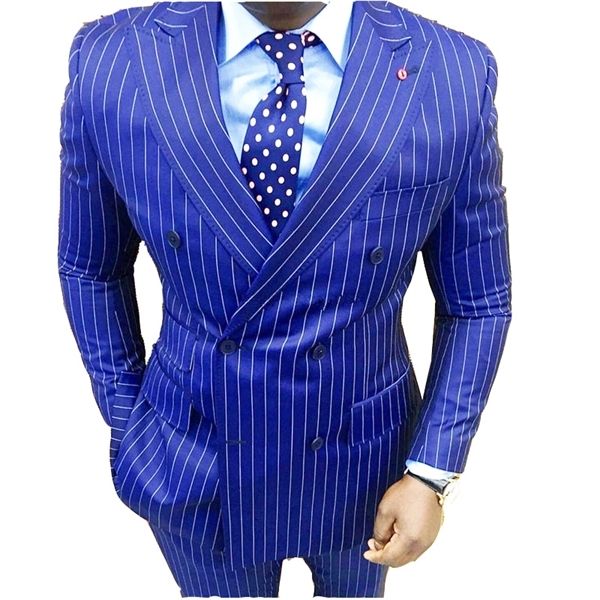 Son Ceket Pantolon Tasarımları Kraliyet Mavi Dikey Şerit Özel Smile Sıska Erkekler Takım Elbise 2 Parça Blazer Terno Takım Elbise Ceket + Pantolon X0608