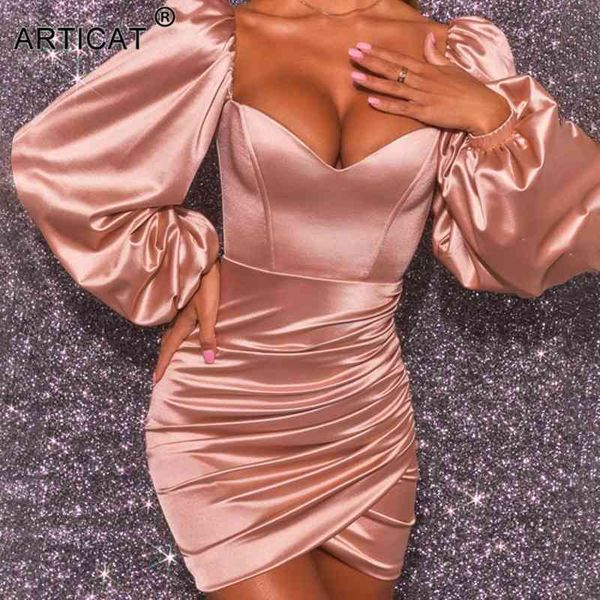 

articat satin puff-sleeve ruched dress women solid square collar high waist dress women spring streetwear backless zip vestidos 210325, Black;gray